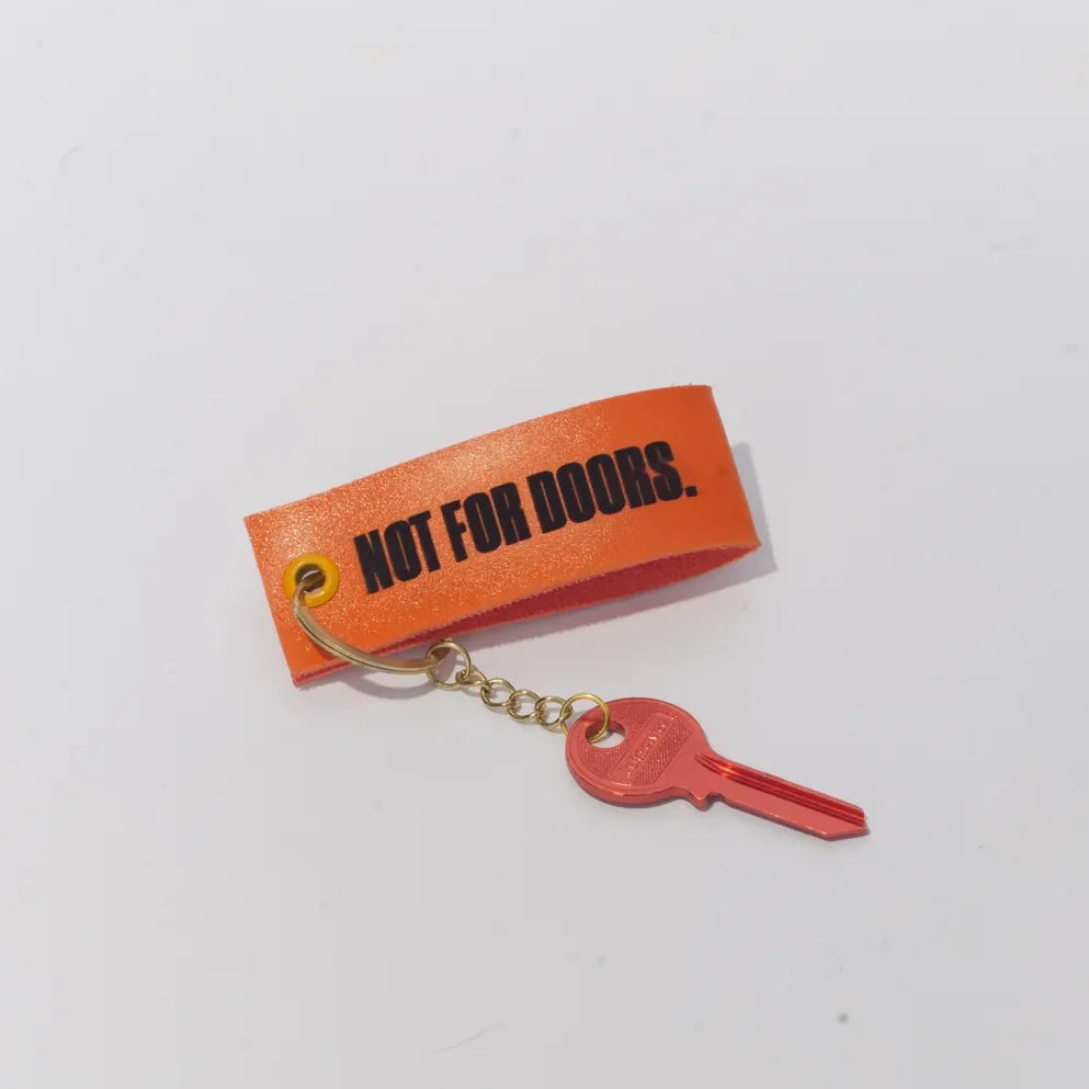The keyring with the red key, photographed on white