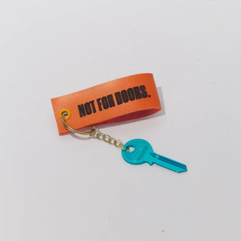 The keyring with the teal key, photographed on white