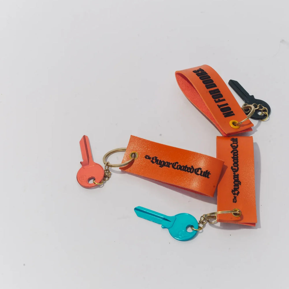 Three keyrings in a loose group, red and teal keys in front